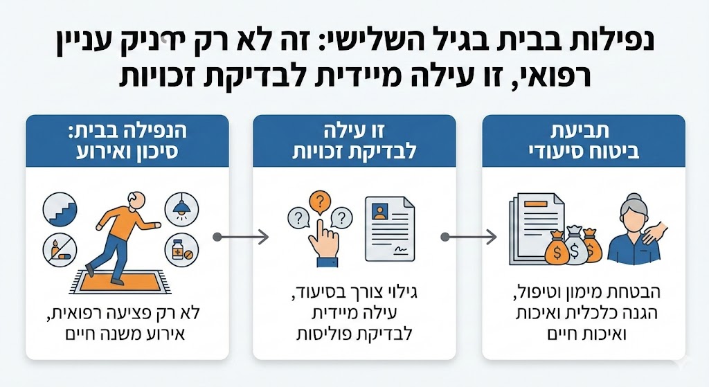 נפילות בבית בגיל השלישי: זה לא רק עניין רפואי, זו עילה מיידית לבדיקת זכויות.